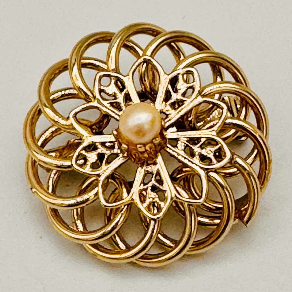 Gold Tone Floral Pin Brooch with Pearl Accent Ornate Vintage Jewelry